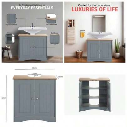 Under Sink Bathroom Storage Cabinet Floor Basin Unit With 2 Internal Shelves Freestanding Vanity Storage Cupboard Kitchen Organiser Furniture, H60cmx