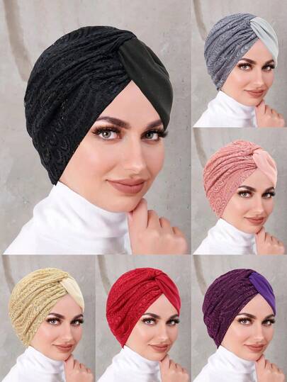 额头交叉蕾丝头巾帽优雅纯色头巾经典弹力头巾帽女士针织帽睡帽
