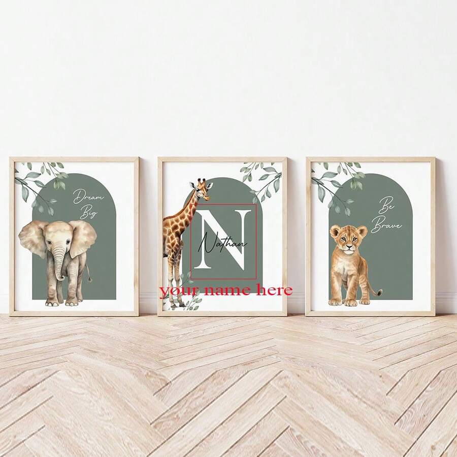 3pcs/Set, Customized Frameless Canvas Poster - Personalized Name Wall Art Prints, 3 Sets Of Nursery Prints, Animal Prints, Customized Jungle Prints, Bedroom Prints, Nursery Decor, Playroom Decor, Nursery Wall Art, Bedroom Decor Custom, Dining Room, Living Room, Bedroom, Office, Playroom, Home Decor - Multicolor - View 1