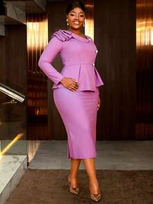 AOMEI Plus Size Fall Clothes For Women Asymmetrical Collar Long Sleeve Ruffle Button Bodycon Purple Church Or Work Dresses - Màu tím - Xem 3