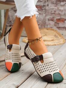 Fall/Winter Vintage Flat Slip-On Breathable Hollow-Out Soft Bottom Round Toe Women Leather Shoes, Color Blocking, Multi-Color, Non-Slip Wear-Resistant Mesh Middle-Aged Pregnant Women Work Sandals - Multicolor - View 8