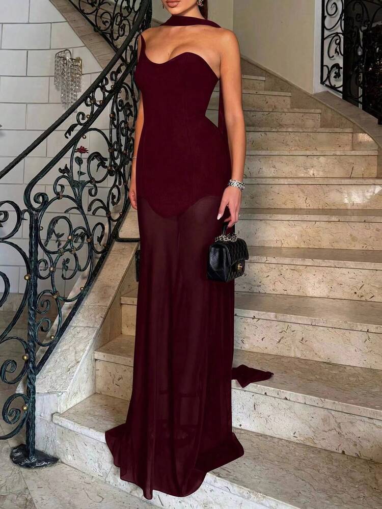 Women Solid Valentine Dress Bodycon Bandage Dress Strapless Mesh Maxi Dresses,Sexy Backless,See Through,Celebrity Evening Runway Party Dresses, Women Evening Gown