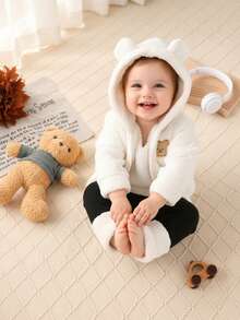 3pcs Set, Casual Elegant Sweet Cute Baby Girl Clothes, Soft Comfortable Baby Girl Autumn/Winter Outfit, Cartoon Embroidered Teddy Bear Hooded Zipper Jacket Long Sleeve Coat, Solid Color Teddy Bear Vest And Patchwork Leggings Set, Suitable For Daily, Vacation, Party, Outing - Multicolor - View 2