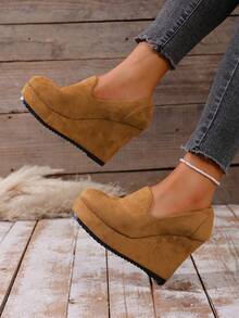 10cm Wedge Heel Elegant Black Casual Slip-On Flats, Comfortable Versatile Ankle-Length Shoes, Suitable For Daily Wear, Vacation, Commute, Party, Valentine's Date - Brown - View 3