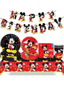 Disney [Authorized Title Reserved] 51-Piece Mickey Mouse Themed Party Set, Including Disposable Tableware, Plates, Cups, Paper Towels, Tablecloths, And Flags, For Birthday Party Decorations And Festive Props. Serves 10 And Is Perfect For Christmas, Thanksgiving, And Holiday Party Dinners. Perfect For Fans Of The Show. - Multicolor - View 5