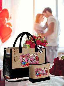 1 Set, Teacher Pattern Handbag With Shoulder Strap And Cosmetic Bag, Teacher'S Day Gift, Personalized Gift Bag With Side Pockets, Beach Bag, Teacher Letter Print Travel Simple Storage Bag, Travel Cosmetic Bag- Four Styles To Choose From (Zipper Random)