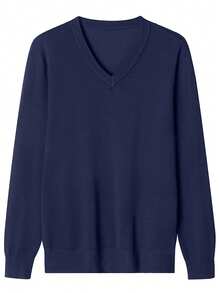 Men V-Neck Sweater, Ribbed Knit Pullover, Fall/Winter, Long Sleeve Top - Navy Blue - View 3