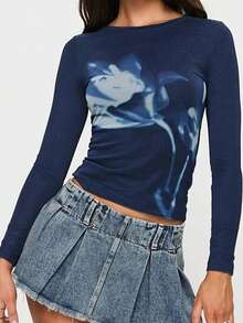 Women's Spring Fall Floral Tops Long Sleeve Round Neck Slim Fit Blouse For Party - Azul - Ver 5