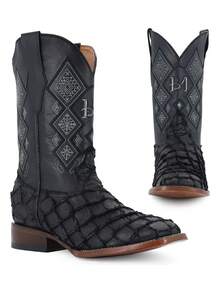 Bota Vaquera Hombre Piel De Pescado Natural Alta Calidad Cuero Auténtico Ajuste Perfecto Comodidad Superior Montura Equitación Invierno Estilo Urbano - Negro - Ver 4