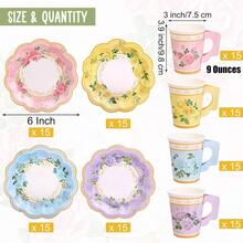 120 Pcs Floral Paper Tea Cups And Saucers 9 Oz Disposable Teacups Bulk With Handle 4 Styles Flower Tea Party Decorations Birthday Wedding Garden Party Shower Serve 60 Guests - 標準 - 查看 3