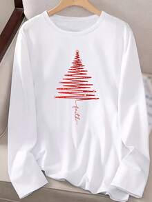 Women's Casual Long Sleeve Round Neck Pattern Printed T-Shirt - Red Christmas Tree Design, Comfortable Fabric, Machine Washable, Suitable For Autumn And Winter Festive Seasons, Family Christmas Shirt 2025