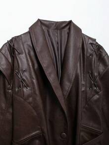 DEEKA 秋冬新款女士休闲时尚翻领腰带米色复古夹克短款皮衣 - 棕1 - 查看 8