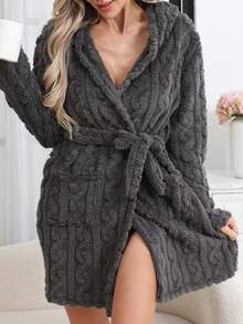 1pc Women's Solid Color Ribbed Kimono Robe, Minimalist Belted Bathrobe, Loungewear For Spring, Autumn & Winter - Black - View 4