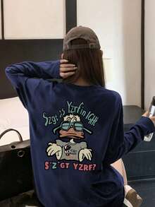 女士宽松棉质字母卡通鸭子印花长袖T恤，百搭春秋季 - 藏蓝色 - 查看 2