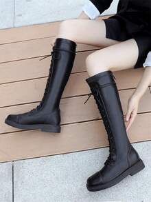 2025 秋冬新款女士黑色过膝长靴，平底，过膝，系带，加大码 43，高筒骑士/靴子，松紧带 - 黑色厚絨內裡 - 查看 5