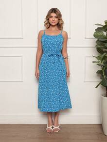 Women's Long Strap Dress | Crepe With Elastec L Little Flower I Off The Shoulder. Little Flowers Fabric With Belt Beach Holiday Wedding Home Garden Formal And Night Bachelorette Party - 霧霾藍 - 查看 1