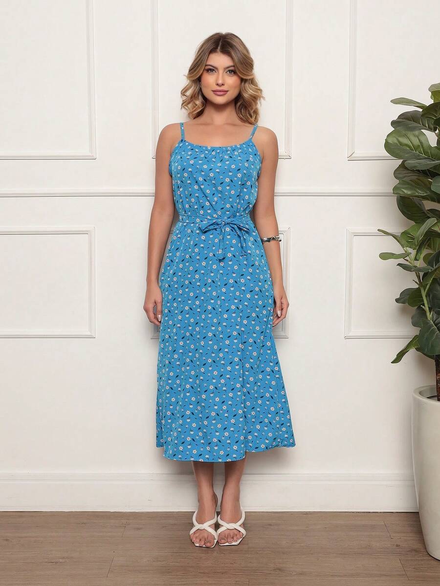 Women's Long Strap Dress | Crepe With Elastec L Little Flower I Off The Shoulder. Little Flowers Fabric With Belt Beach Holiday Wedding Home Garden Formal And Night Bachelorette Party - 霧霾藍 - 查看 1