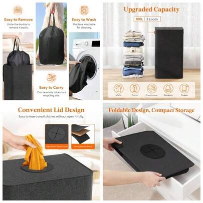 80L Large Laundry Hamper With Lid, Collapsible Laundry Basket With Lid And Reusable Inner Bag, Tall Dirty Clothes Hamper Laundry Room, Bathroom, Dorm,