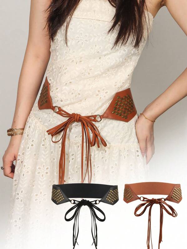 1 pezzo Cintura elastica alla moda, decorazione in metallo vintage a nodo, cintura in camoscio larga, versatile per abiti, camicie, giacche