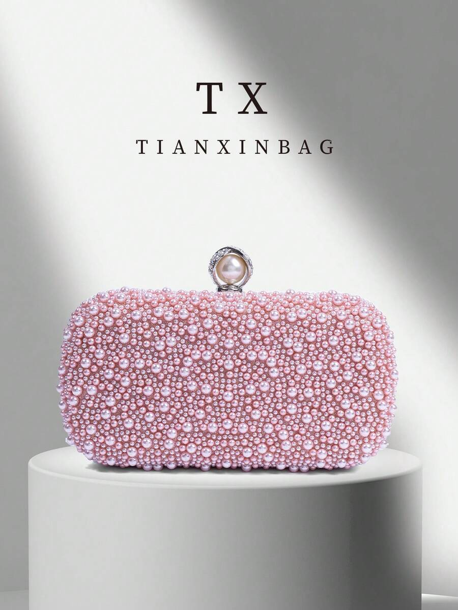 Pink Pearl Clutch Bag, Luxury Engagement Party Clutch Purse For Cheongsam Formal Dress, With Metal Chain Strap, Elegant Lady Party, Wedding, Prom, Banquet Bag, Perfect Match For Women Graduation Prom Dress, Prom Accessories, Sequin Dress, Glitter Dress, Women Formal Gown - Pink - View 1