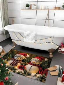 Dywan HKStorage 1 szt. z kryształowego aksamitu z bałwankiem i reniferem, dekoracja świąteczna, zmywalna mata podłogowa, odpowiednia do salonu/sypialni/akademika/na kemping, duży dywan do wewnątrz/na zewnątrz, prostokątny, antypoślizgowy, wykonany maszynowo, poliester