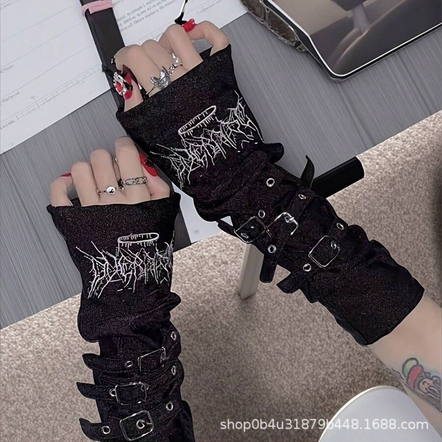 ヤビー風 レディースアームカバー Y2K ブラック 半分指出し手袋 メタルバックル付き 日よけ手袖 刺繍デザイン - ブラック - チェックする 1