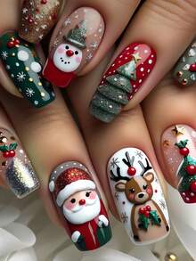Expresa tu amor con 24 uñas postizas de Navidad de forma cuadrada mediana, elegantes y lindas con diseños de Papá Noel, renos marrones, muñecos de nieve blancos, árboles de Navidad multicolores, nubes blancas y copos de nieve. Incluye un salón de uñas con 1 pieza de gel de gelatina y 1 lima. Envío aleatorio de gel de gelatina.
