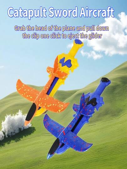 Kids Sword-Shaped Foam Dart Glider Plane, Hand Throw Glider, One-Button Ejection Fun Air Launch Airplane Toy, Indoor Outdoor Parent-Child Interactive Flight Competition Game, Suitable For Boys And Girls Aged 6-12 As Birthday Gift