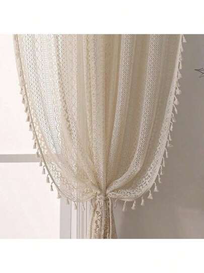 Boho Crochet Semi - Sheer Curtains - 108 Inch Long, 2 Panel Sets - Farmhouse Vintage Geometry Knitted Lace Beige Drapes With Retro Tassel Living Room Bedroom