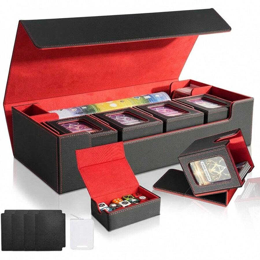 Magnetic Card Deck Box For TCG Storage, Holds 100 Double-Sleeved Cards - Black & Red - View 1
