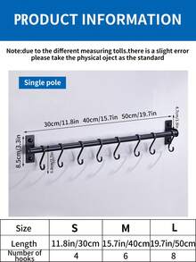 1pc 30cm/40cm/50cm Movable Hooks, Simple & Fashionable No-Drill Black Movable Hooks Suitable For Kitchen/Bathroom/Pot Lid Organizer, Easily Installed With Adhesive Tape, Also Applicable For Garage Tools, Entrance Keys & Jewelry, Sutiable To Use In Kitchen, Kitchen Storage Goods