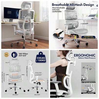 Ergonomic Office Chair - Breathable High Back Armchair With Mesh Lumbar Support, 130 Tilt Backrest, Adjustable Depth 3D Armrest - Big And Tall, Swivel