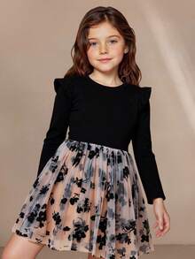 Anewsta Vestido casual minimalista de manga larga con cuello redondo y contraste de malla de unicolor para niña joven