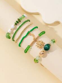 6pcs/Set Green Glass Bead & Crystal Bead Stretch Bracelet With Metal Sun & Moon Charms, Fashion Bracelets For Women