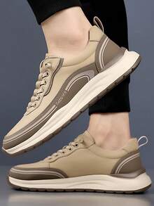 Tenis casuales para hombre de color sólido, con suela gruesa y estilo fashion,Punta Redonda De Malla Transpirable De Encaje Hasta Zapatillas De Deporte Para Hombres Con Diseño De Monograma De La Calle De Moda Senderismo Zapatos Casuales Para Hombres,Zapatillas De Tenis Vintage,Suela gruesa y cómoda,antideslizante y resistente al desgaste,diseño versátil,adecuado para desplazamientos,trabajo,deportes,actividades al aire libre y otras escenas - Caqui - Ver 4