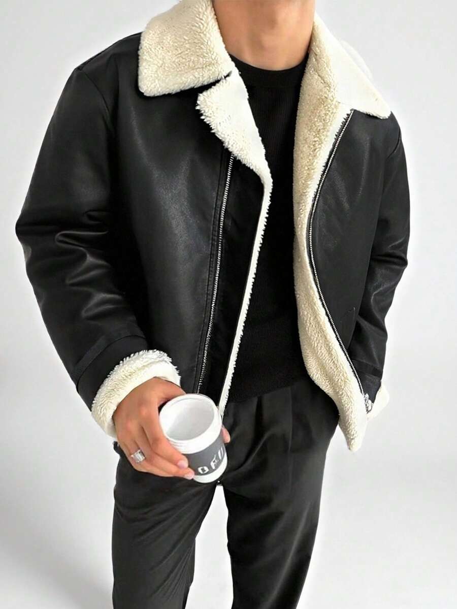 Męska kurtka z długim rękawem ze skóry PU, modna, sportowa, termiczna, z podszewką, jesień/zima