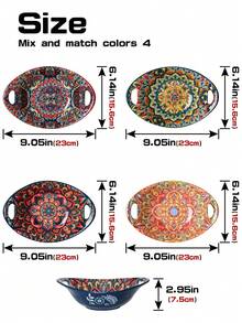 Ceramic Salad Bowls Set, 19 Oz Porcelain Soup Bowl Set Of 4, Colorful Serving Bowls With Handle For Dinner, Pasta, Oatmeal, Bohemian Style, Microwave & Dishwasher - Nhiều màu - Xem 3