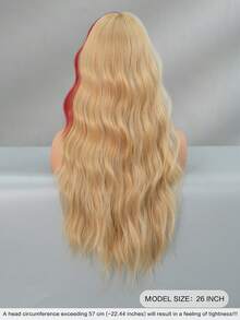 7JHH WIGS Long Wave Blonde & Red Highlight Wigs For Women - Loose Fluffy Wavy Curly Wig With Bangs, Full Machine High Density Synthetic Heat Resistant Fiber Hair, Exaggerated Style Anime Halloween Costume Wigs For Cosplay Wear, Masquerade Ball & Music Festival Carnival Party Use 26 Inch - 挑染紅色 - 查看 3