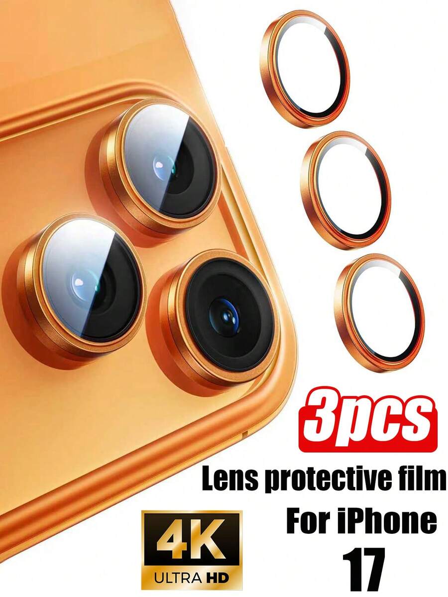 适用于 17 Pro Max/17 Pro 的 3 片装钢化玻璃摄像头镜头保护膜 [1:1 隐形贴合] 9H 航空级钢化玻璃，超清透亮，金属独立环，兼容手机壳，橙色 - 橘色 - 查看 1