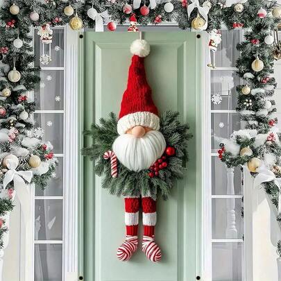 Christmas Holiday Santa Claus Door Hanging Decor, Polyester Fiber Wreath With Red Striped Legs, No Electricity Needed, Holiday Wall Decoration