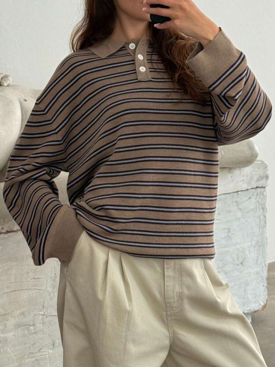 Women Cable Knit Sweater Loose Solid Color Crew Neck Long Sleeve Pullover Tops Casual Winter Fall Clothes - 卡其色 - 查看 1