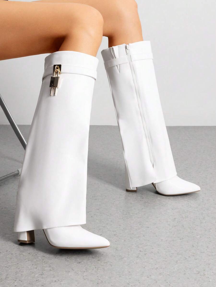 Women's High Heel Knee-High Boots Fold Over Cuff Padlock Pointed Toe Side Zipper Y2K Party Festival Tall Boots For Fall And Winter - trắng - Xem 1
