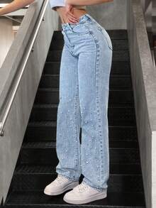 Women's Pearl-Embellished Straight-Leg Jeans Are Suitable For Travel And Outings
