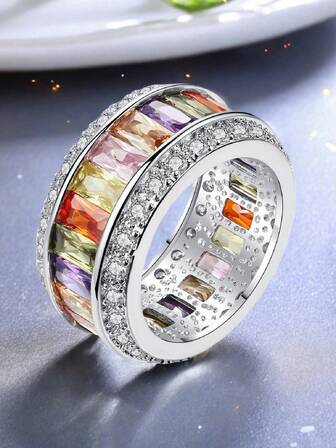 1pc Fashionable Vintage Colorful Mixed Color Random Synthetic Zirconia Wide Band Ring, Elegant Accessory For Women