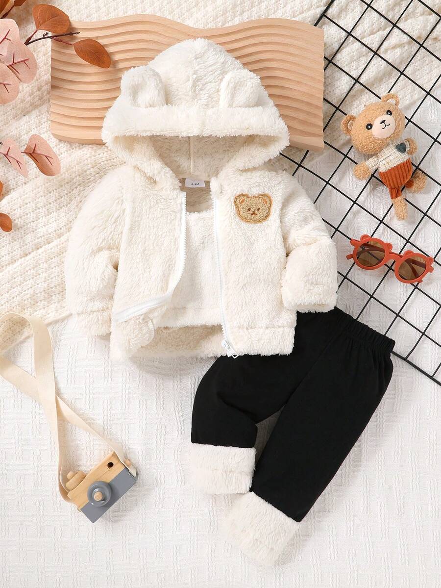 3pcs Set, Casual Elegant Sweet Cute Baby Girl Clothes, Soft Comfortable Baby Girl Autumn/Winter Outfit, Cartoon Embroidered Teddy Bear Hooded Zipper Jacket Long Sleeve Coat, Solid Color Teddy Bear Vest And Patchwork Leggings Set, Suitable For Daily, Vacation, Party, Outing - Multicolor - View 1