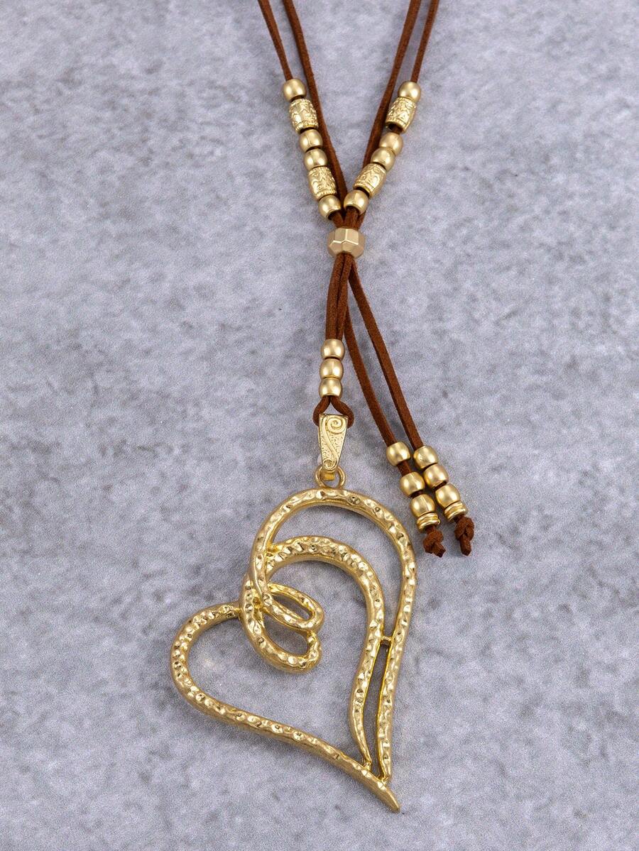 1Pc Asymmetrical Matte Gold Heart Pendant With Black Cord, Minimalist Style, For Daily Wear & Casual Outfits