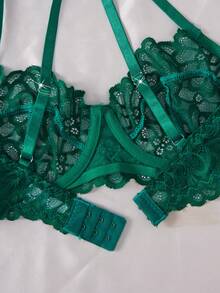 2pcs Valentine's Day Women Sexy Lingerie Green Lace Floral Bra Set, Adjustable Straps Sensual Bra, Valentine's Day Gift