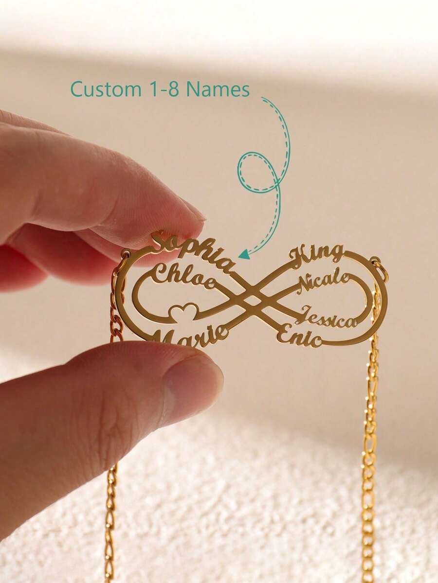 Colar Personalizado com Nome Infinito para Membros da Família, Colar Personalizado com Pingente de Coração para Meninas, Presente de Ação de Graças/Natal Dourado, Moda Rose Gold, Moda de Outono, Vintage, Neutro, Simples, Casual, Gótico, Punk Personalizado, Personalizado, Único