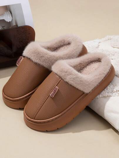 New Women's Warm Slippers, Solid Color Patchwork Letter Logo, Fabric Lining With Soft Fleece, Slip-On Convenient And Comfortable