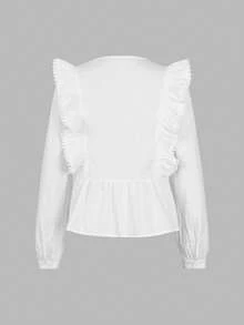 ii Plus Size Casual Solid Color Lace Patchwork Ruffle Trim Long Sleeve Top White Spring - White - View 5